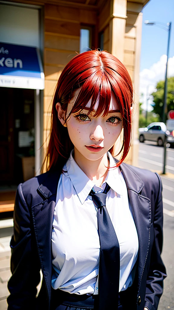 hand \(Chainsaw Man\), (K-Pop Idols), (masterpiece), (Highest quality:1.0), (Ultra-high resolution:1.0), (Realistic:1.4), One girl, ((Puffy eyes)), (Redhead:1.5)+(Long braided hair)+(bangs), (Golden Eyes), Are standing, Highly detailed face, Very fine grain, Medium chest, (school uniform), Focus Only, ((Upper Body)), View your viewers, Beautiful skin in every detail, Perfect lighting, night, (street), (Urzan-6500:0.7)
