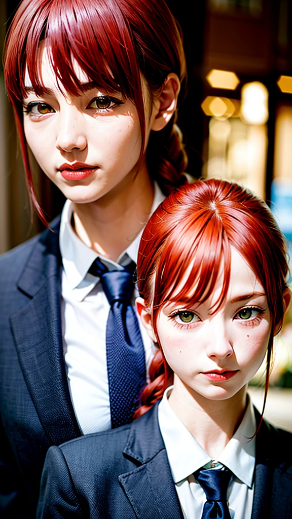 hand \(Chainsaw Man\), (K-Pop Idols), (masterpiece), (Highest quality:1.0), (Ultra-high resolution:1.0), (Realistic:1.4), One girl, ((Puffy eyes)), (Redhead:1.5)+(Long braided hair)+(bangs), (Golden Eyes), Are standing, Highly detailed face, Very fine grain, Medium chest, (school uniform), Focus Only, ((Upper Body)), View your viewers, Beautiful skin in every detail, Perfect lighting, night, (street), (Urzan-6500:0.7)