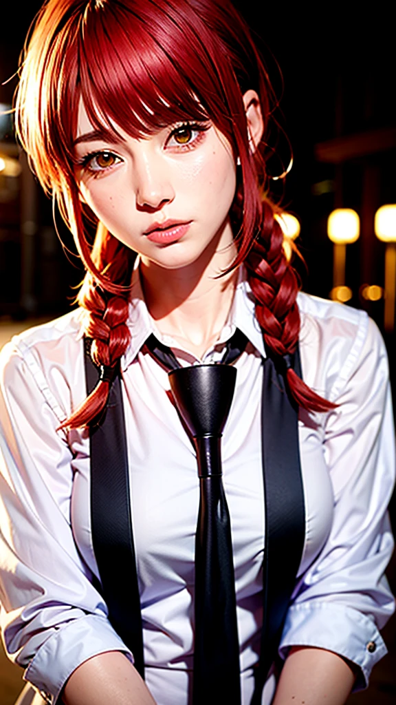 makima \(chainsaw man\), (Kpop idol), (masterpiece), (best quality:1.0), (ultra highres:1.0), (photorealistic:1.4), 1girl, ((puffy eyes)), (red hair:1.5)+(long braided hair)+(bangs), (golden eyes:1.3), standing, extremely detailed face, (extremely detailed eyes), medium breasts, (school uniform), solo focus, ((upper body)), looking at viewer, detailed beautiful skin, acoustic lighting, (night), (street), (ulzzang-6500:0.7)