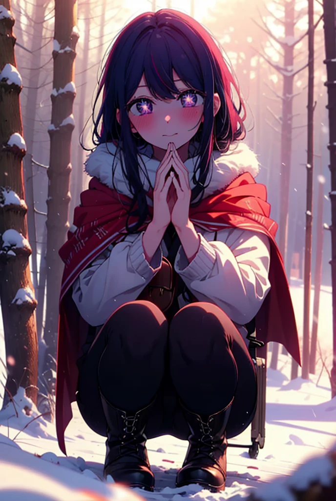 aihoshino, Ai Hoshino, Long Hair, bangs, (Purple eyes:1.1), Purple Hair, (Symbol-shaped pupil:1.5), smile,,smile,blush,white breath,
Open your mouth,snow,Ground bonfire, Outdoor, boots, snowing, From the side, wood, suitcase, Cape, Blurred, , forest, White handbag, nature,  Squat, Mouth closed, Cape, winter, Written boundary depth, Black shoes, red Cape break looking at viewer, Upper Body, whole body, break Outdoor, forest, nature, break (masterpiece:1.2), Highest quality, High resolution, unity 8k wallpaper, (shape:0.8), (Beautiful and beautiful eyes:1.6), Highly detailed face, Perfect lighting, Highly detailed CG, (Perfect hands, Perfect Anatomy),