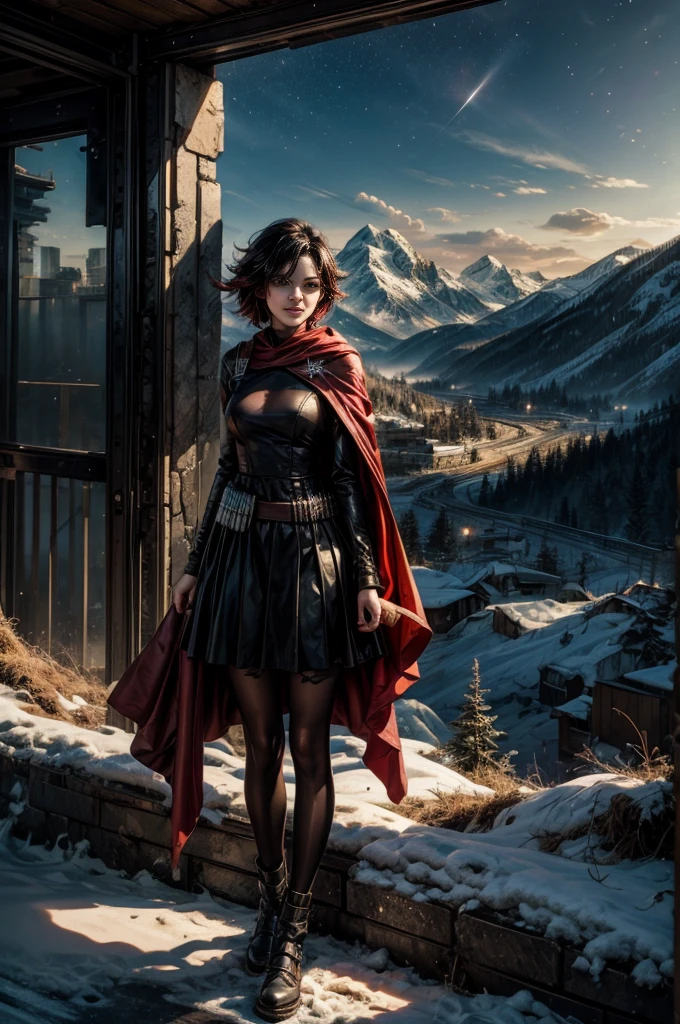 (masterpiece, best quality:1.2), cowboy shot, solo, 1girl, ruby rose, grin, looking at viewer, arms behind back, black dress, long sleeves, red cape, pantyhose, standing with crowd in city ruins on hill, overlooking valley, (crowd in military uniforms) BREAK night, stars, moon, snow, BREAK mountains in background, waterfall, vehicle wreck, , (crowd in military uniform), bonfires, post-apocalypse, dystopian future