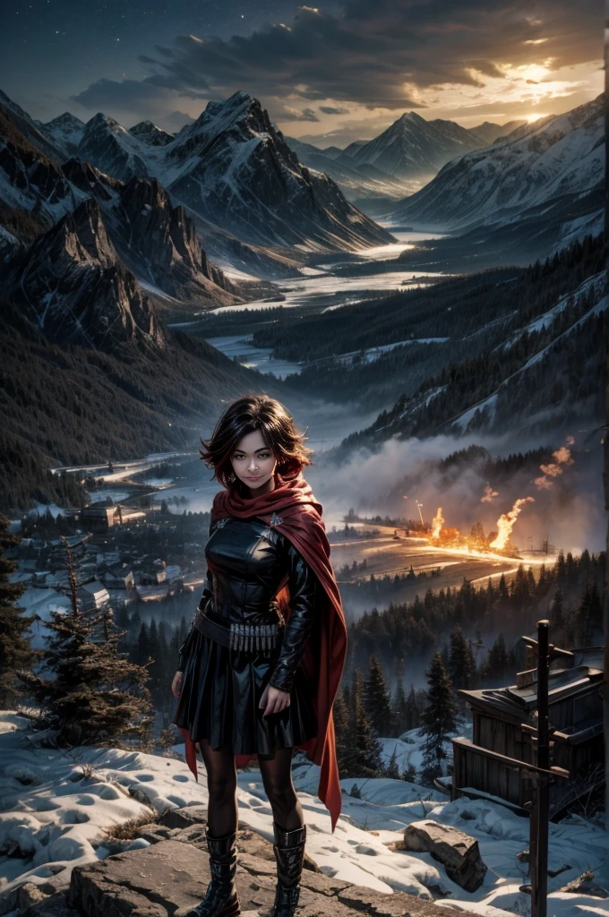 (masterpiece, best quality:1.2), cowboy shot, solo, 1girl, ruby rose, grin, looking at viewer, arms behind back, black dress, long sleeves, red cape, pantyhose, standing with crowd in city ruins on hill, overlooking valley, (crowd in military uniforms) BREAK night, stars, moon, snow, BREAK mountains in background, waterfall, vehicle wreck, , (crowd in military uniform), bonfires, post-apocalypse, dystopian future