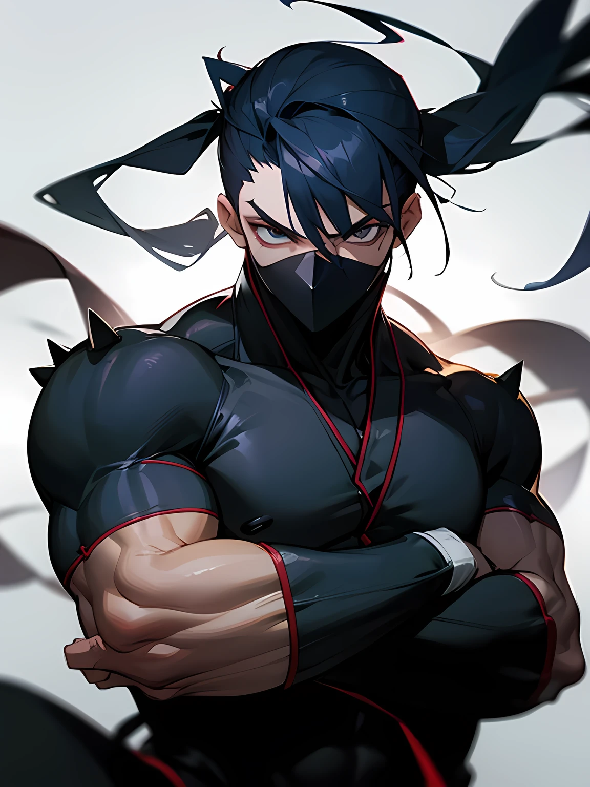 solo, looking at viewer,male,sideshaved,short spiked deep black blue hair,tsurime, masked,muscular body, Male Eyes, male nose, male mouth, Secret Ninja Black Suit, Expressionless , fighting stance,simple white background,