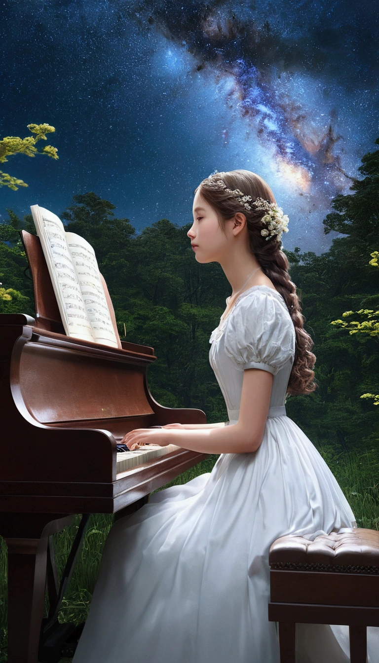 (((masterpiece)))、(((Highest quality)))、((Very detailed))、in the forest、Girl playing piano、play、Flowers Bloom、Calm、The light shines、Starry Sky、The wind is blowing、masterpiece,best quality,ultra detailed,high-resolution,8k portrait,unity 8k wallpaper,extremely detailed CG unity 8k wallpaper