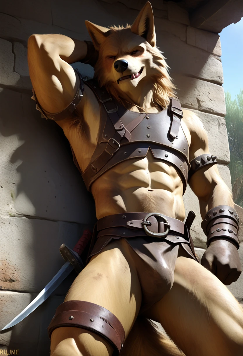 Solo Sexy anthro furry wolf male; ancient Mediterranean desert warrior; slim mesomorph handsome model apperance apperance; anthro muzzle head shape leather helmet mask with eye holes; anthro muzzle head shape leather helmet mask with eye holes, anthro muzzle head shape leather helmet mask with eye holes,; sexy toned muscules; sword scars; worn out rusty sexy skimpy armament. He has low on hips heavy leather studded heavy belt. he has very old worn out jockstrap (smelly jockstrap fetish); His jockstrap it is made of old white linen material sewn together from a few pieces, it has never been washed, it is dirty and has stains from secretions of dried semen and sweat; His armor is old heavy brown harness with armlets studded with spikes; he has old brown leather BFR Bands on Biceps and his thighs, he has old worn out fingerless leather gloves. His armor is in ruin, it is very very old and dirty, rusted, dirty, old worn out, rusty breastplate. Even though he is a handsome and sexy man, he has a sloppy appearance, has disheveled unwashed dirty fur, dirty body look. he smells, he has stains from old blood, dirst, cum, mud, smelly furr, disgusting bastard looking.he leans sexily against the wall with his legs spread, one hand behind his head, and he touches bulgy his jockstrap, licking his lips, horny for sex ; Mediterranean sunny pine forest; he has a proud, threatening and defiant expression on his face, with little dirty dangerous smile;