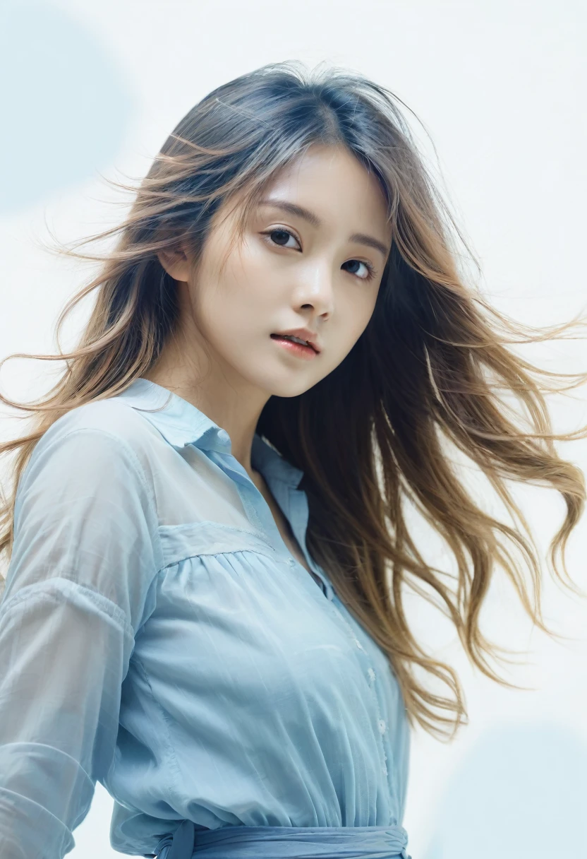 (pretty girl)、(masterpiece), (Highest quality),One girl,Whole body,(Double exposure:1.2),(Simple Background:1), (Movie angle),(Dynamic Angle),Disheveled long hair,(Low contrast),(Flat Color:0.7)