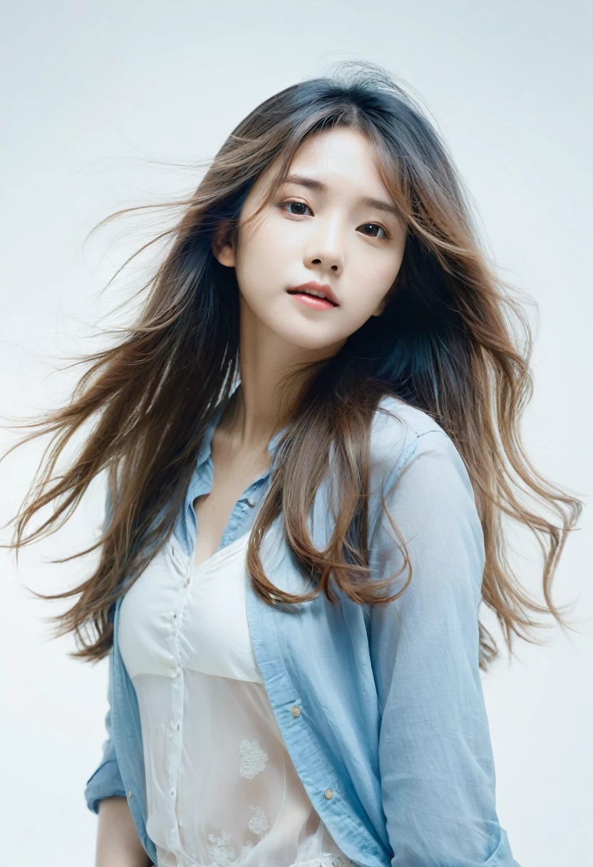 (pretty girl)、(masterpiece), (Highest quality),One girl,Whole body,(Double exposure:1.2),(Simple Background:1), (Movie angle),(Dynamic Angle),Disheveled long hair,(Low contrast),(Flat Color:0.7)