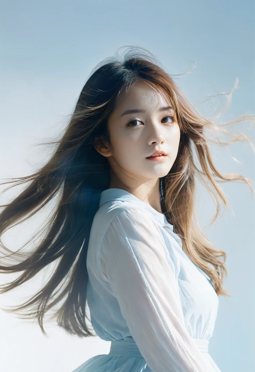 (pretty girl)、(masterpiece), (Highest quality),One girl,Whole body,(Double exposure:1.2),(Simple Background:1), (Movie angle),(Dynamic Angle),Disheveled long hair,(Low contrast),(Flat Color:0.7)