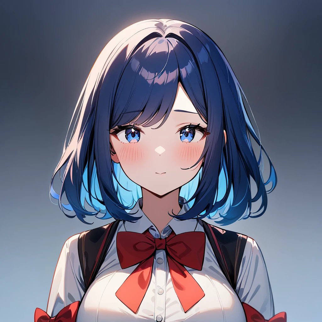 1girl,Solo,cute,Blue hair,Blue and red, swept bangs,straight-on,medium hair,big breast,masterpiece, best quality,very aesthetic,absurdres,(bow),(Low brightness)