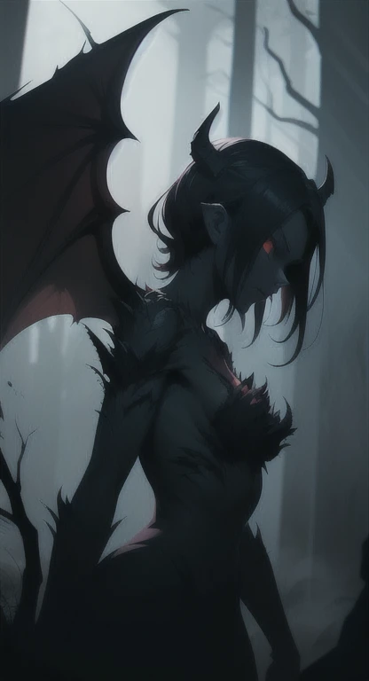 Foggy Forest, ancient female creature, demonic silhouette, Wyvern shadow figure, red eyes, eyes in the fog, rotting, looking dead, torn wings, 