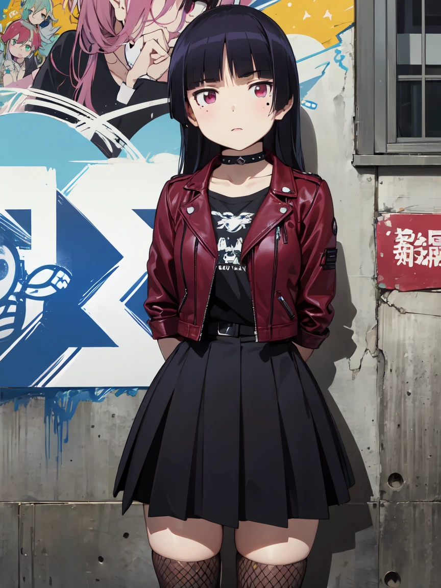  (ruri gokou), girl, alone, Hime cut, Mole under eye, Red eyes, middle ages, punk, Punk Fashion, Red Leather Jacket, Black Skirt, Fishnet tights, black t-shirts, spiked choker, bracelet, Black eyeshadow, Black Lips, masterpiece, Urban Scene、Background of the cityscape、Graffiti wall