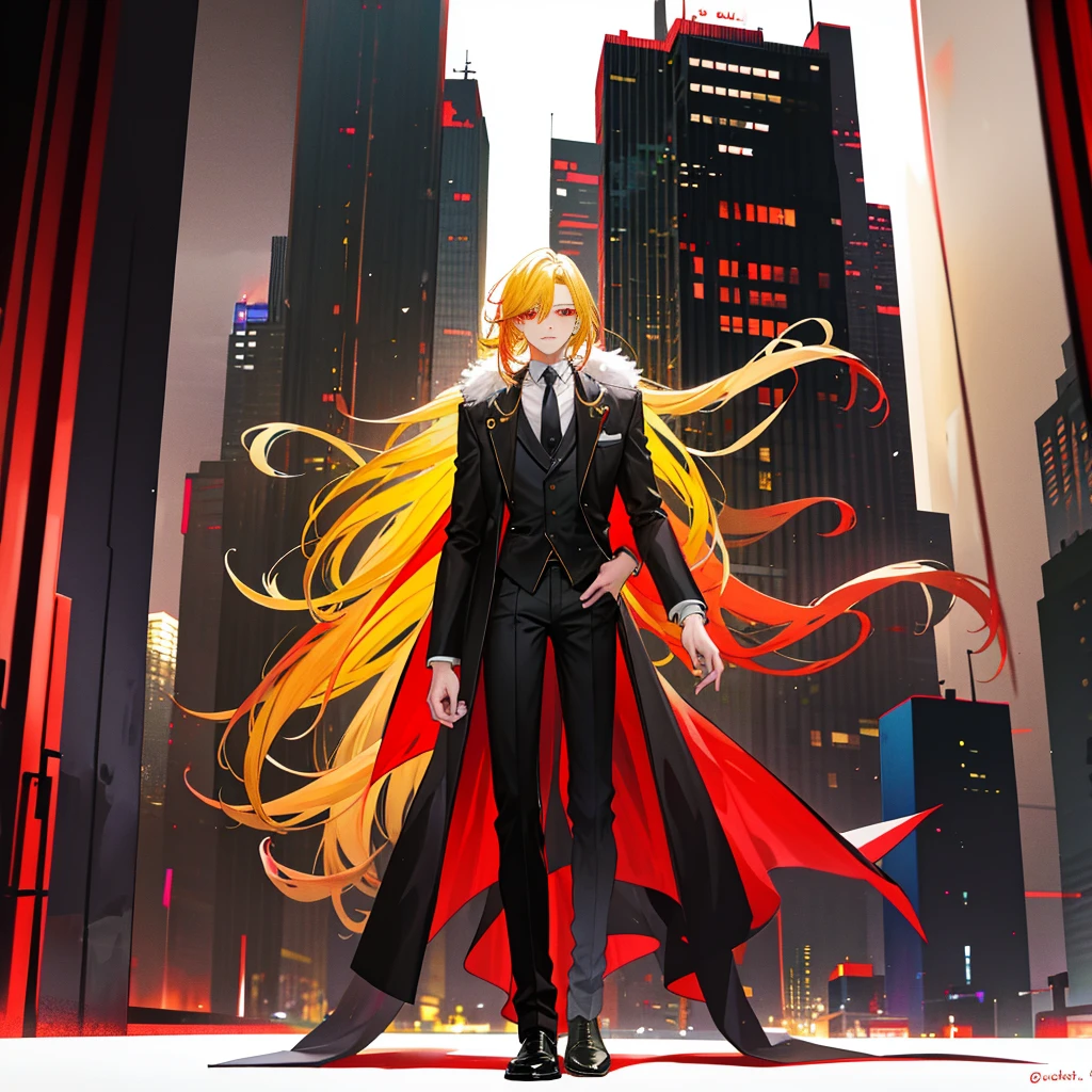 A man,elegant,Yellow hair, long wavy fur, deep red eyes, Future City,cyberpunk,full body image. Ropa elegant de fiesta.