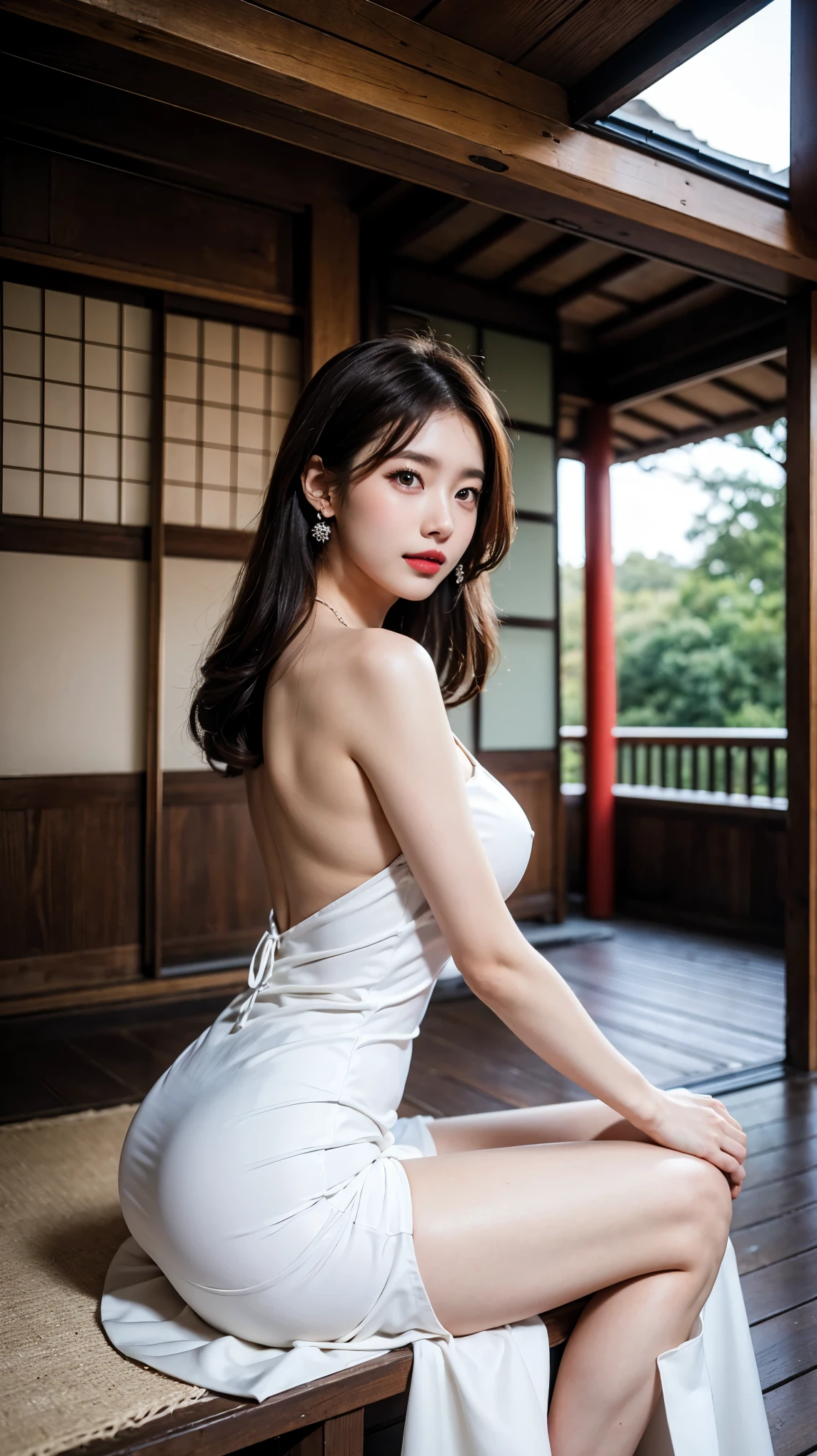 (On the veranda of a traditional Japanese house), masterpiece, light makeup, red lips, beautiful hair, (moderately fair:1.3), elegant, Very fine details, masterpiece, authentic texture, cinematic lighting realism, perfect work, 16,000, high resolution, Exquisite features, brown eyes, (Ultra-high resolution eye:1.1), japanese idol, beautiful face, (A gentle smile like a goddess), attractive, well-shaped breasts, beautiful cleavage,glowing skin, ((Nude Side Slit Gorgeous Dress:1.3)), break,bright big eyes, soft skin, earring, necklace, standing posture, (Ground Shots:1.2), (sitting on the veranda),(all four feet:1.3),(enlargement:1.2),from below, Lights on the face