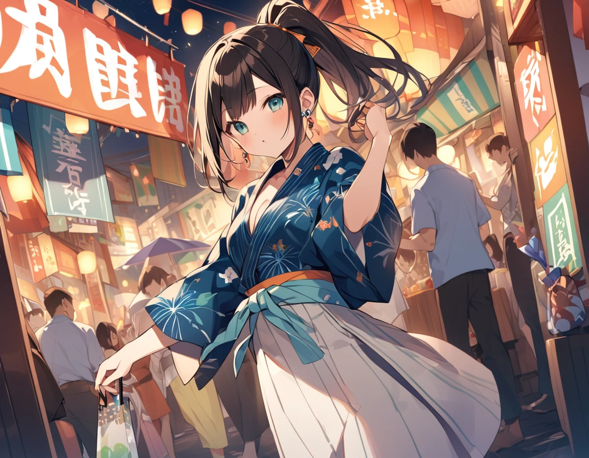 Shibuya Rin in a yukata at the summer festival、ponytail、Earrings、I can see her cleavage、