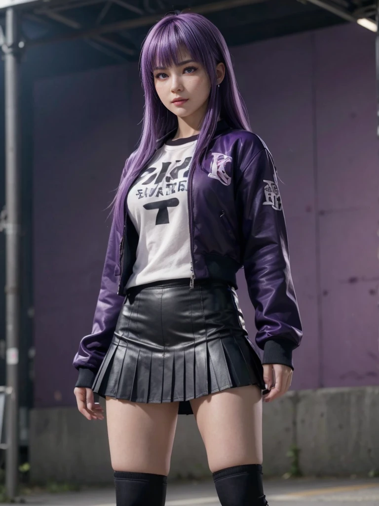Ayane, Purple hair, (best quality, Ultra-detailed), (realistic:1.37), beautiful and detailed face, ultra-realistic texture, delicate face, delicate body, red lipstick, long-lasting colors. high definition, 8K. with a serious and very expressive expression in the eyes.