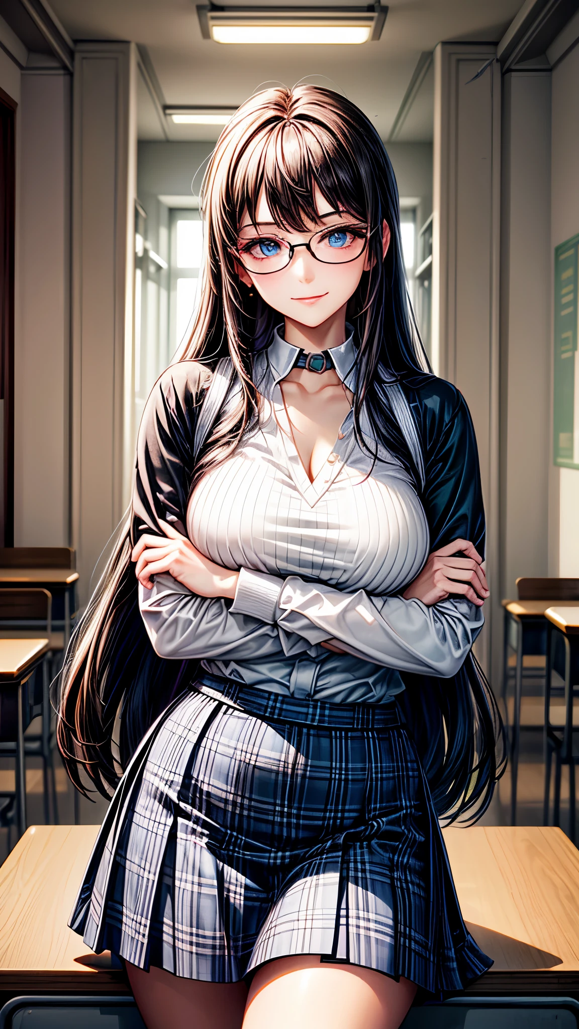 ((Alta resolución)), ((Iluminación y color)), ((obra maestra)), ((smile)), young and beautiful woman with the following features: long, flowing black hair, striking blue eyes, and wearing slim-framed glasses that enhance her gaze. She is dressed in a classic school uniform: a white blouse with a collar, a short plaid skirt, and a matching sweater. Her pose and expression should convey a coquettish and confident attitude, highlighting her unique and elegant beauty in a school setting.