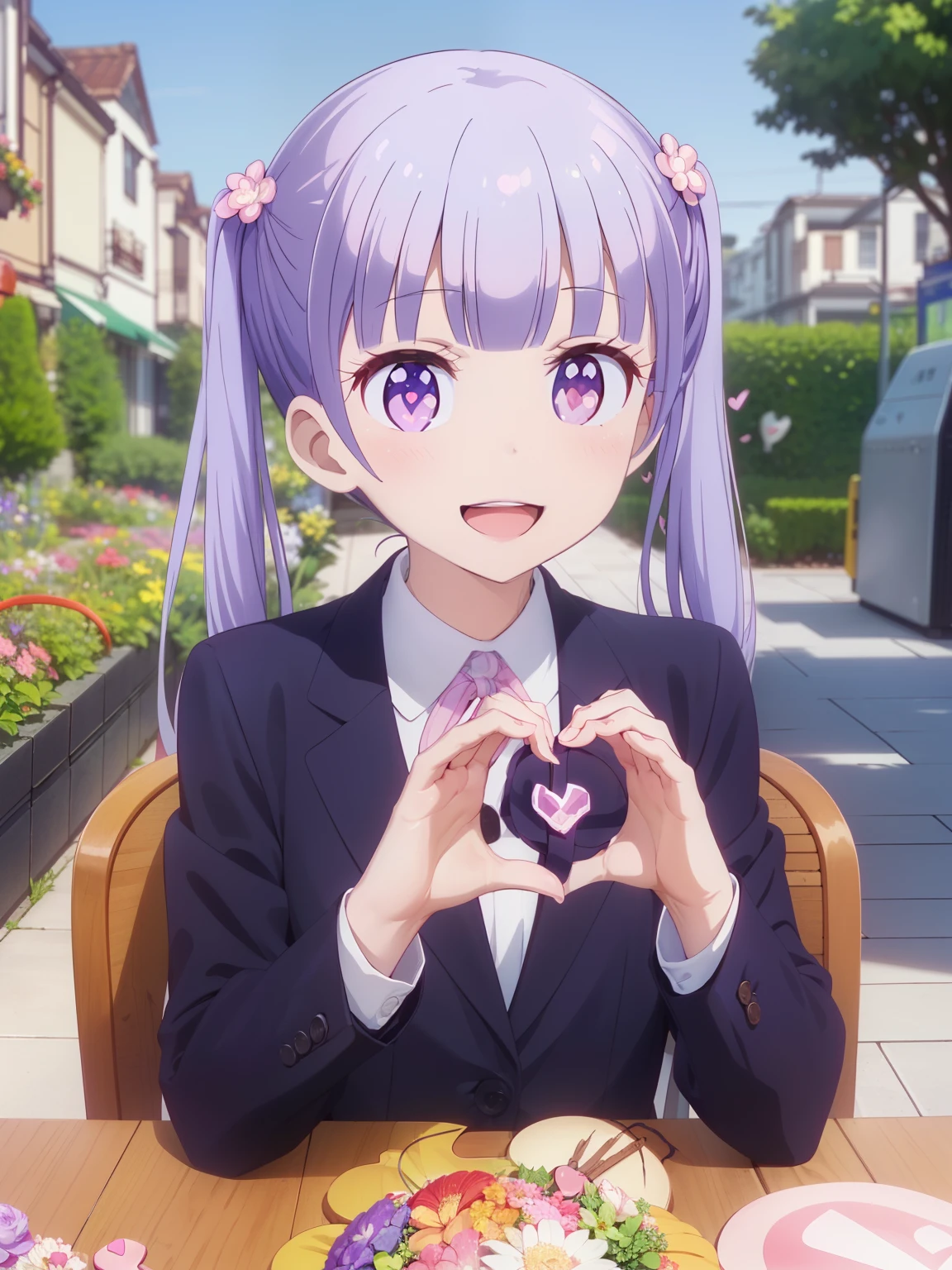 (table top, highest quality, High resolution, nffsw, perfect pixel, Depth of the bounds written, 4k), beautiful anime girl, perfect body, , (smile, open your mouth:1.6) aoba suzukaze, ribbon, suit, jacket,,, (heart hand:1.8), flower garden, lots of flowers
