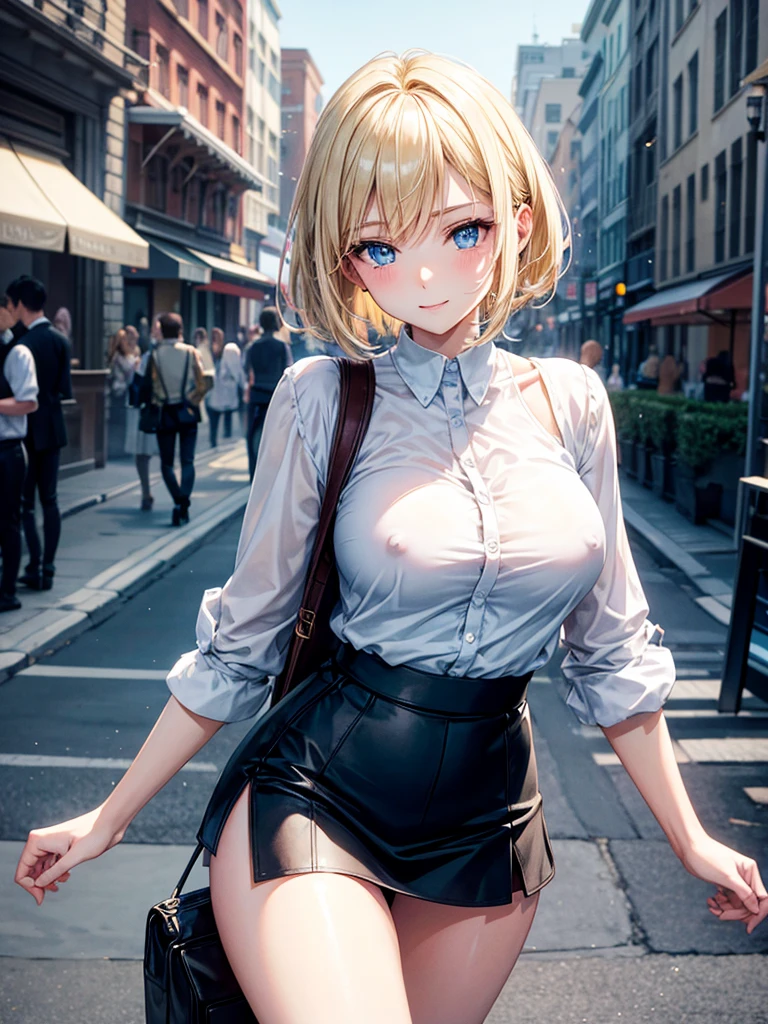 Anime style, super fine illustration, highly detailed, beautiful detailed, pale tone image, static representation, gentle expression, 8k, pretty 1girl with blonde straight short hair & blue eyes & a bright smile & full bust & nipples & soft fair skin is wearing big white business shart not show skin & black tight skirt & 1business bag, on the business building street, in the morning, brilliant particles of lights, romantic stories, solo, perfect 5fingers, perfect arms, perfect legs, masterpiece.