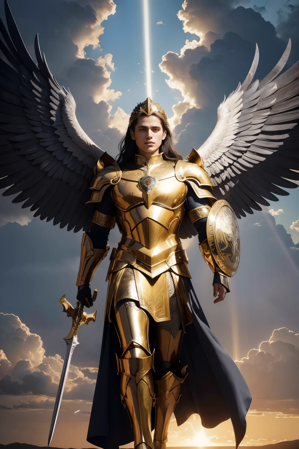 Archangel Michael in a majestic and heroic pose. He's dressed in shiny armor, with intricate details in gold and silver. Its wings are huge and imposing, with bright feathers that reflect light. In the right hand, he holds a flaming sword, and on the left, a shield adorned with angelic symbols. The background is a dramatic sky, with dark clouds and rays of light penetrating. At dinner it transmits power, courage and divinity, with a realistic and detailed style.
