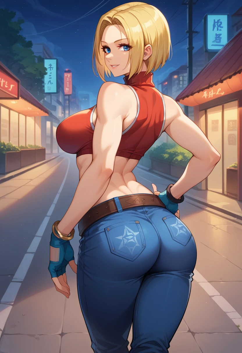 score_9, score_8_up, score_7_up, 1girl, solo, BlueMary, short hair, blue eyes,pants, crop top, turtleneck, belt, large breasts, fingerless gloves, standing, standing,  lying on stomach, ass, flirtatious smile, looking at you, night, street,  illimunated city, from behind
