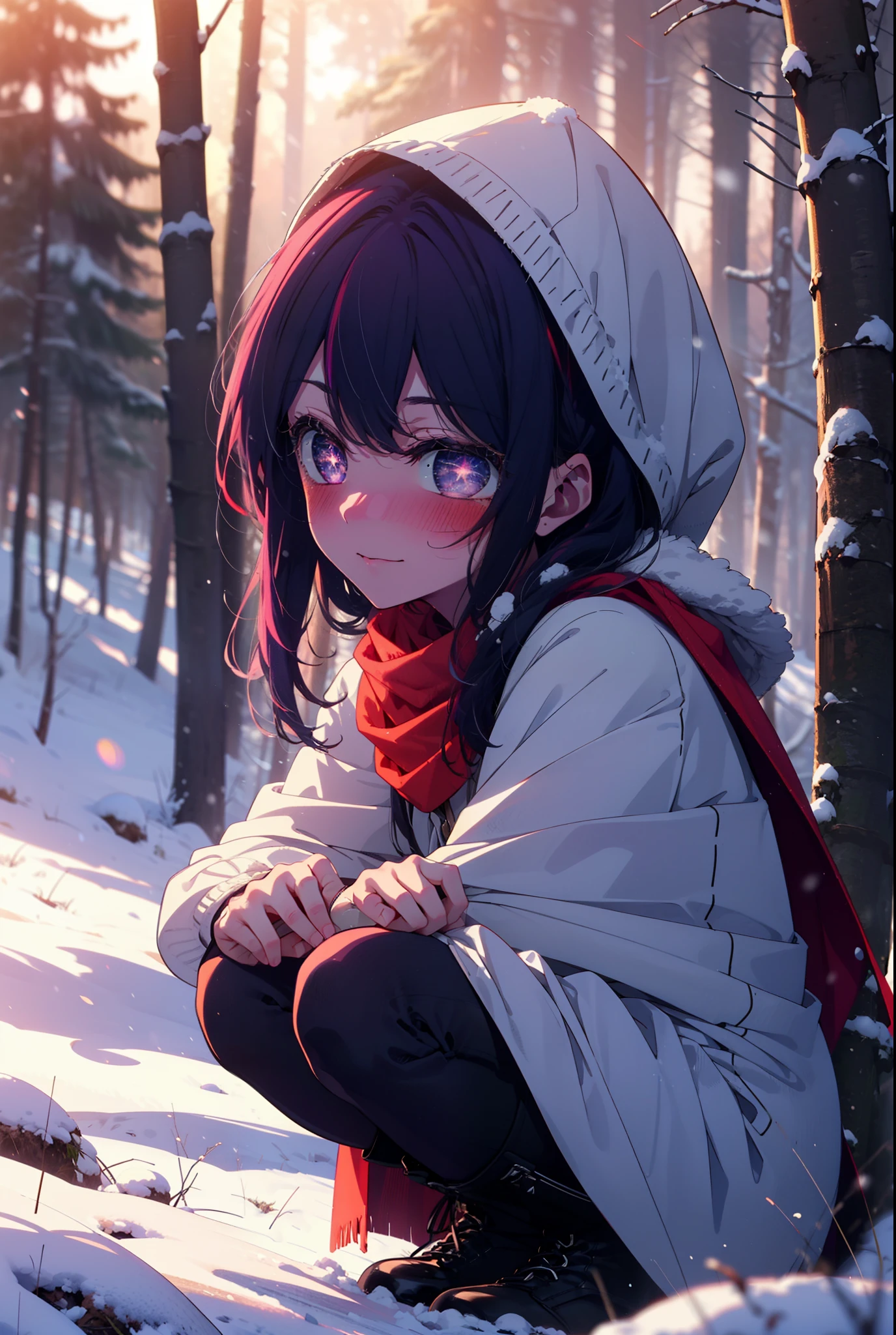 aihoshino, Ai Hoshino, Long Hair, bangs, (Purple eyes:1.1), Purple Hair, (Symbol-shaped pupil:1.5), smile,,smile,blush,white breath,
Open your mouth,snow,Ground bonfire, Outdoor, boots, snowing, From the side, wood, suitcase, Cape, Blurred, , forest, White handbag, nature, Squat, Mouth closed, Cape, winter, Written boundary depth, Black shoes, red Cape break looking at viewer, Upper Body, whole body, break Outdoor, forest, nature, break (masterpiece:1.2), Highest quality, High resolution, unity 8k wallpaper, (shape:0.8), (Beautiful and beautiful eyes:1.6), Highly detailed face, Perfect lighting, Highly detailed CG, (Perfect hands, Perfect Anatomy),