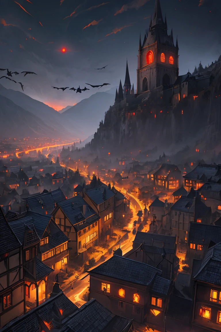 old European village shot with bird view, (Red glowing eyes), masterpiece, Depth of written boundary, Lutz, Gwaites style artwork, Gothic aesthetics, Dark Vampire village, ((in the dark gothic style cathle:1)), ((dark mid-night time:1.5)),