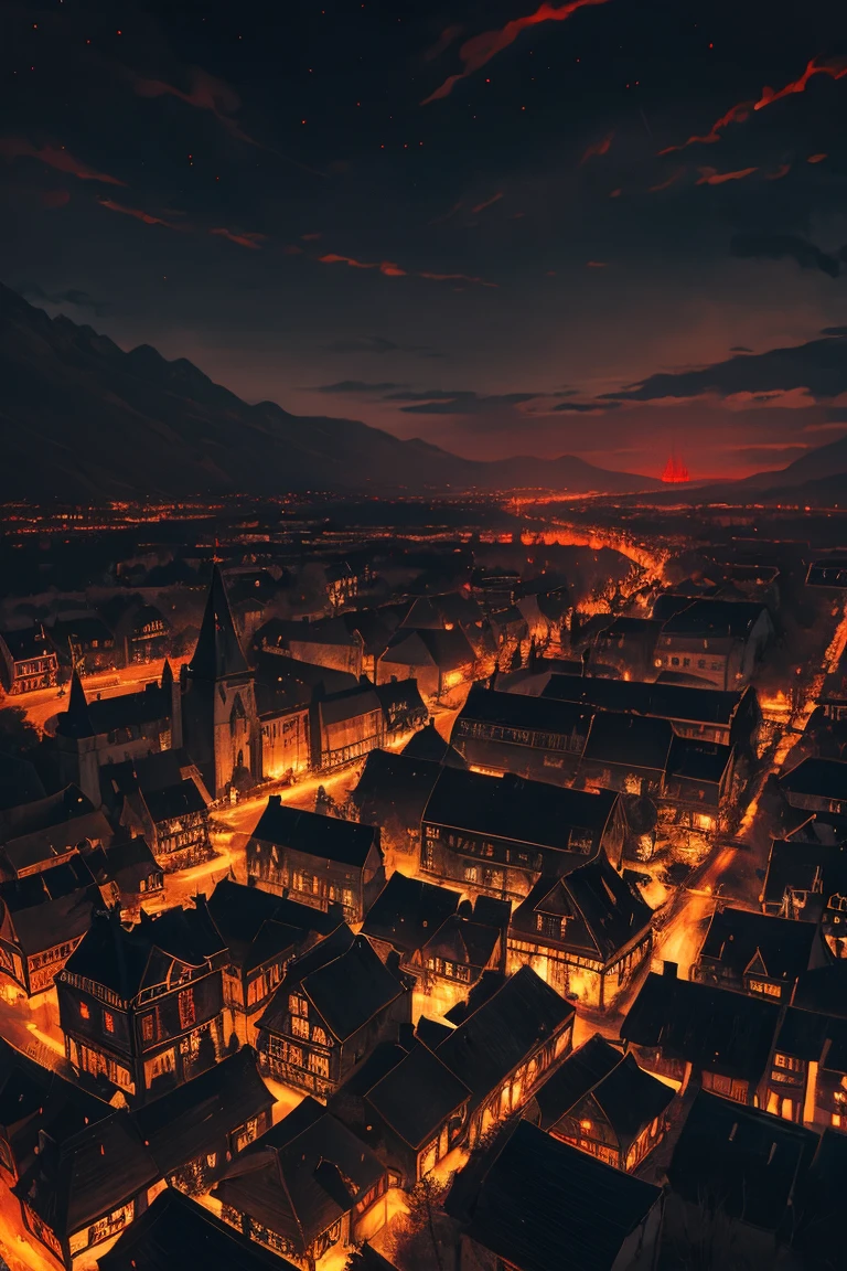 old European village shot with bird view, (Red glowing eyes), masterpiece, Depth of written boundary, Lutz, Gwaites style artwork, Gothic aesthetics, Dark Vampire village, ((in the dark gothic style cathle:1)), ((dark mid-night time:1.5)),