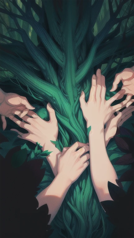 enchanted forest,focusing on tree where there are 6 hands around