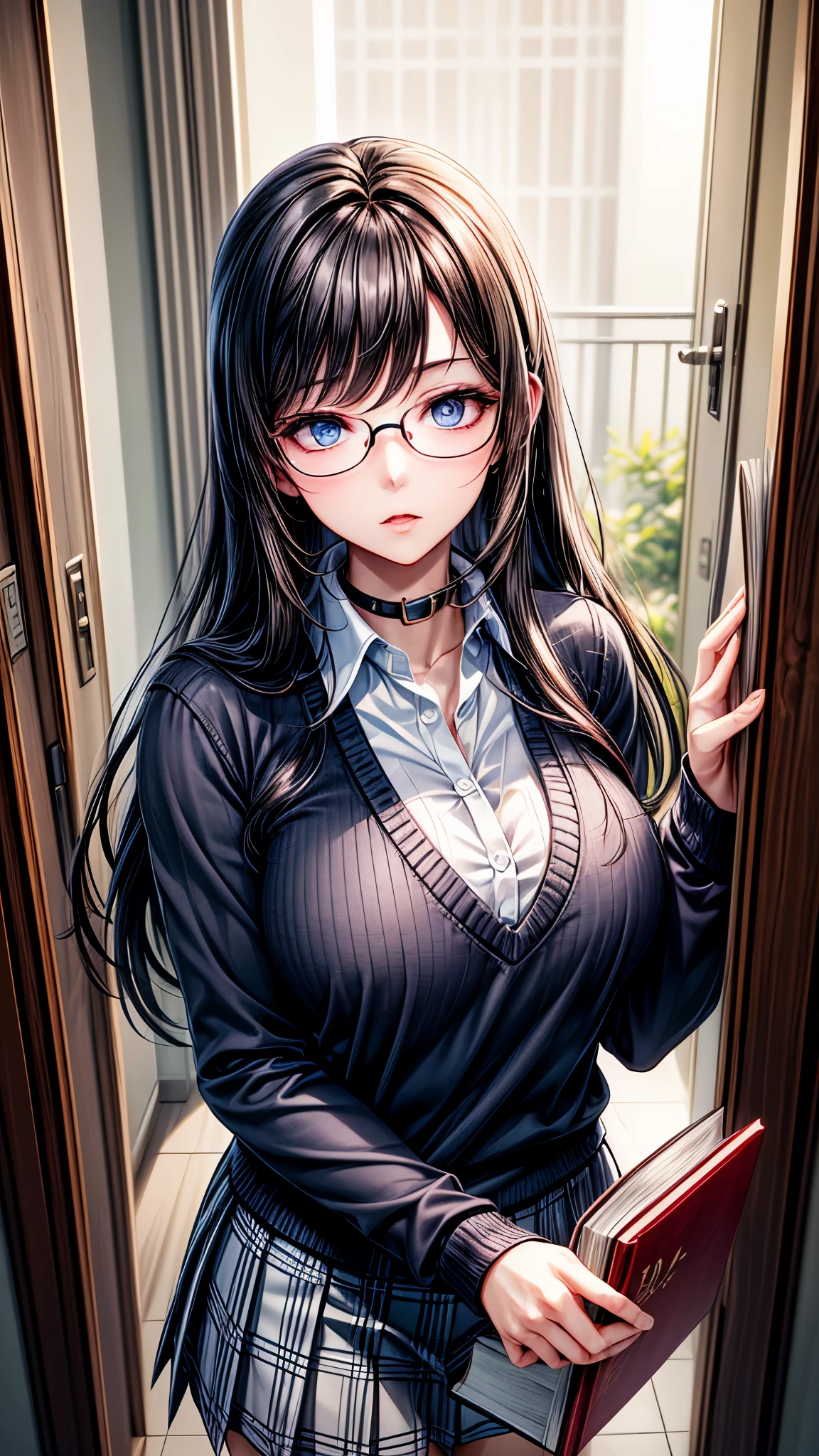 ((Alta resolución)), ((Iluminación y color)), ((obra maestra)), ((book in hand)), young and beautiful woman with the following features: long, flowing black hair, striking blue eyes, and wearing slim-framed glasses that enhance her gaze. She is dressed in a classic school uniform: a white blouse with a collar, a short plaid skirt, and a matching sweater. Her pose and expression should convey a coquettish and confident attitude, highlighting her unique and elegant beauty in a school setting.