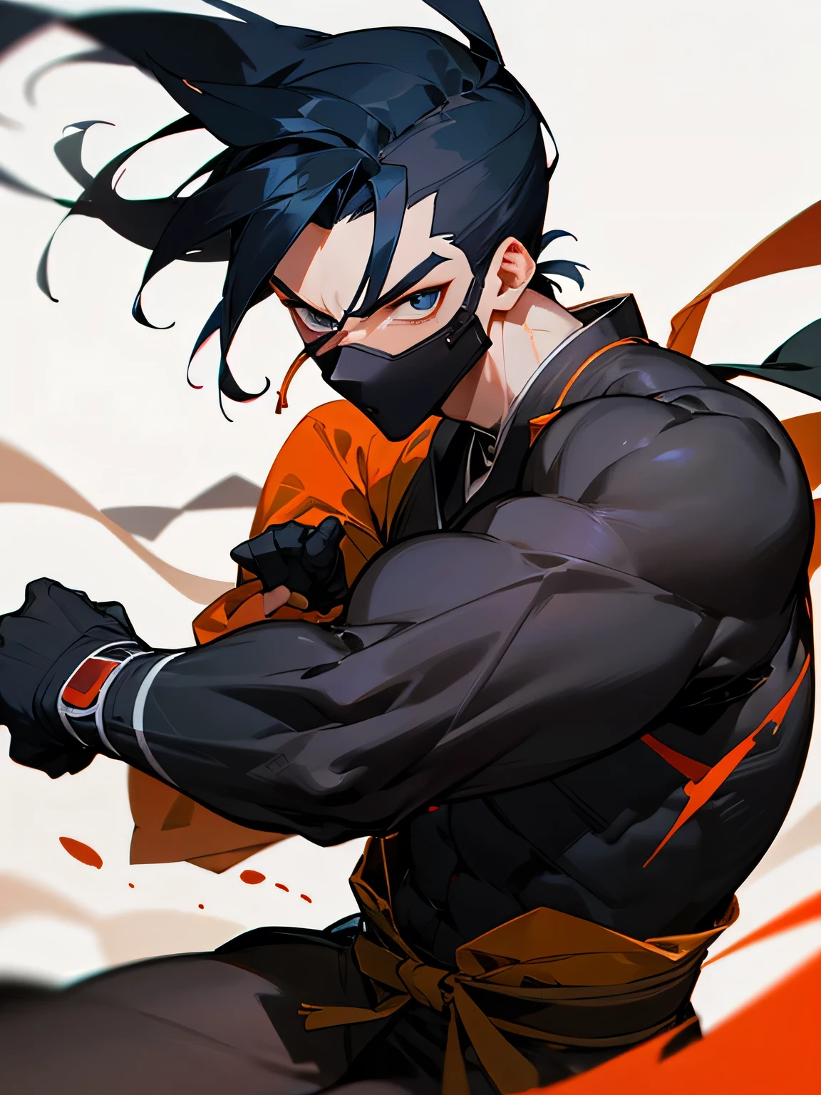solo, looking at viewer,male,sideshaved,short spiked deep black blue hair,tsurime, masked,muscular body, Male Eyes, male nose, male mouth, Japanese Secret Ninja Black Suit, Expressionless , fighting stance,simple white background,