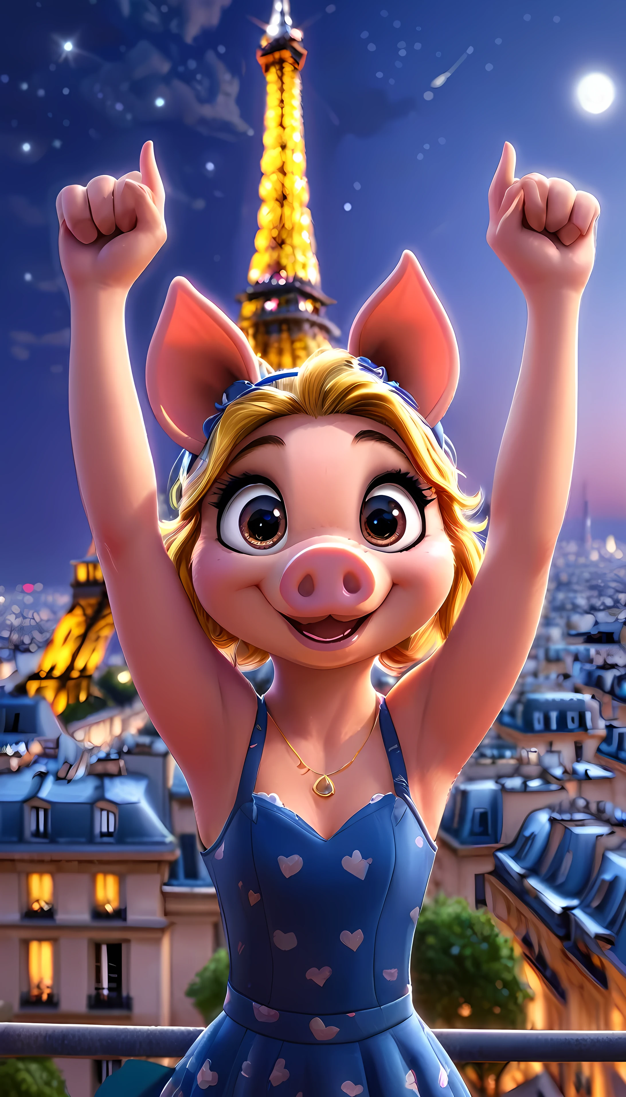 cute piggy, cartoon , arms, hands ,cute eyes, looking at viewer, arms up, top of building, piggy ears, flawless, clothes, night, paris