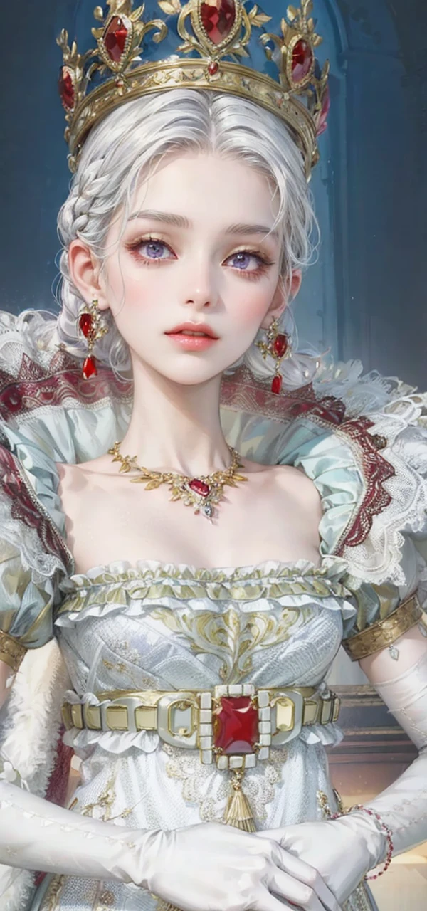 (masterpiece, top quality, best quality, official art, enchanting and aesthetic:1.2), 1female, white silver hair, royal braided hair, violet eyes, white and red dress, red and gold jewelry, high quality details, 4k eyes