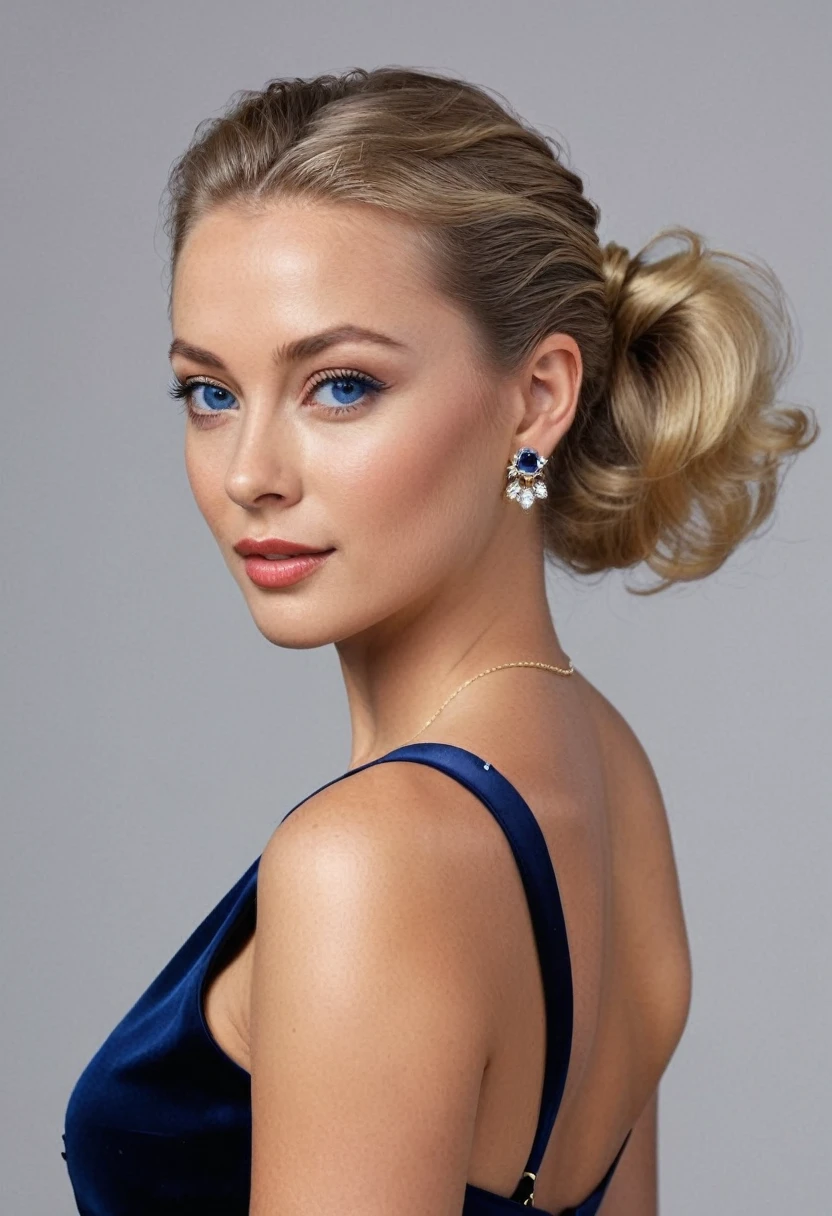 dark blue long dress, nicole aniston, hair in ponytail, Grace Kelly doble, grace kelly face, with blue eyes, , attractive girl, Instagram Template, blonde hair and perfect body, 18 years, 21 years, beautiful model, Catherine, attractive girl, I can't believe how beautiful the facial features are., body extensions, 32k eh, exaggerated facial features, voluminous dough, (Beautiful blonde hair, White skin, Abdomen slim, perfect slim figure), same size eyes, blue eyes