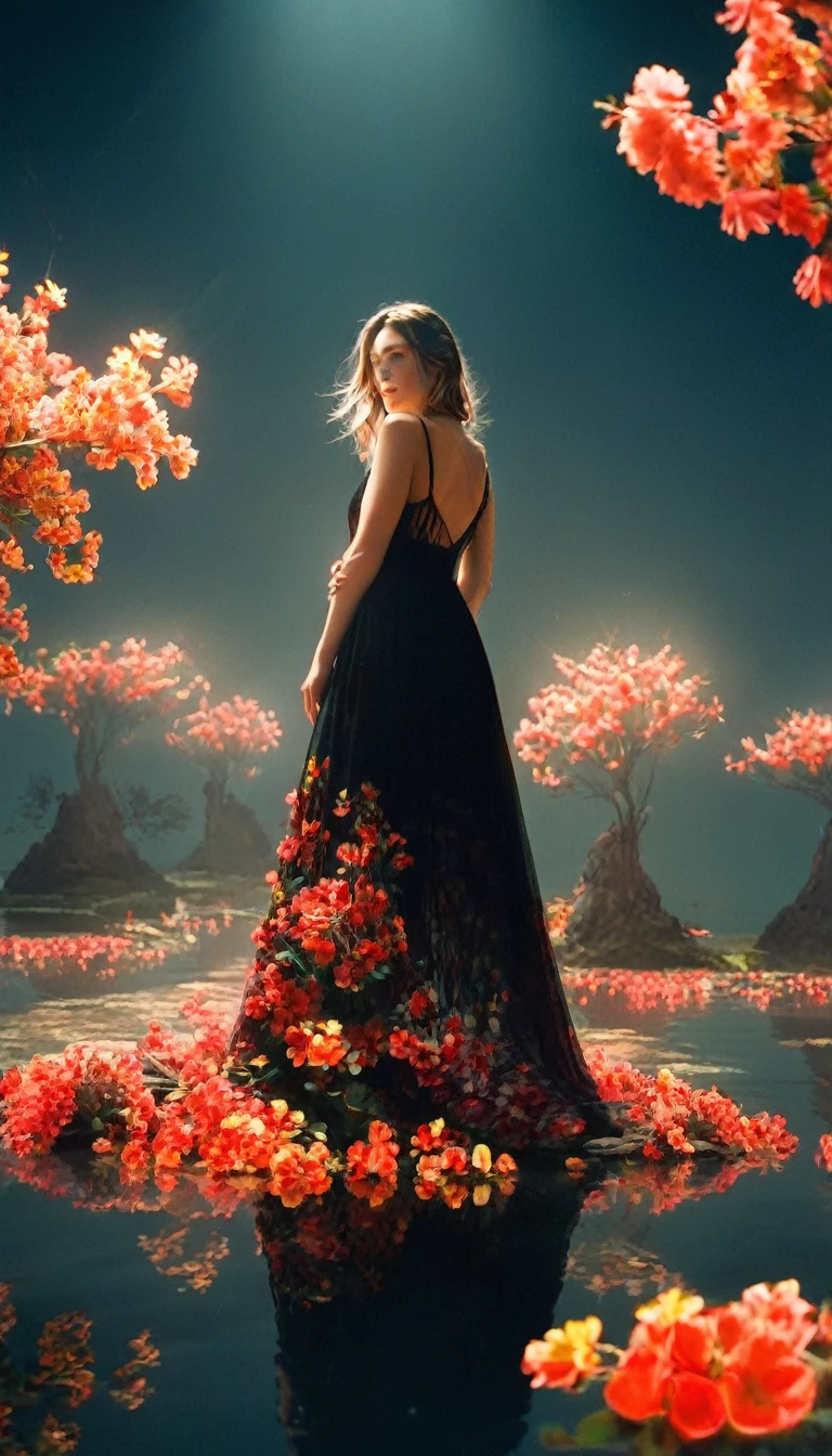 Raytracing Style, Beautiful Caucasian woman in a long dress、Standing on a shining island surrounded by floating red flowers。. The black sky reflects the neon lights、A yellow light shines from behind her. In the center is a small tree that glows like fire... background、Another figure dressed in black stands in the distance..。