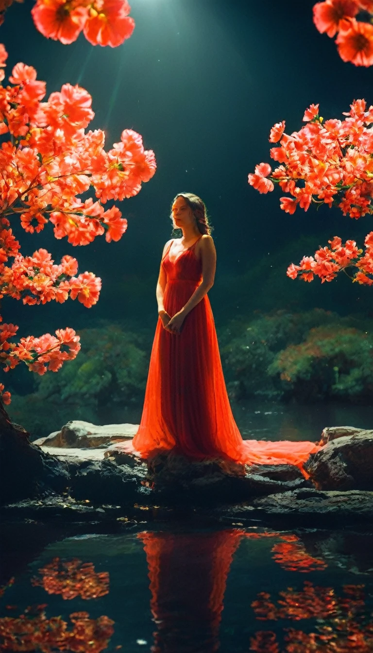 Raytracing Style, Beautiful Caucasian woman in a long dress、Standing on a shining island surrounded by floating red flowers。. The black sky reflects the neon lights、A yellow light shines from behind her. In the center is a small tree that glows like fire... background、Another figure dressed in black stands in the distance..。