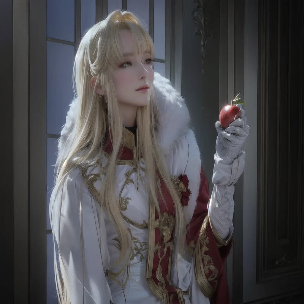 anime, a woman in a white dress holding a red apple, beautiful androgynous prince, edelgard from fire emblem, 