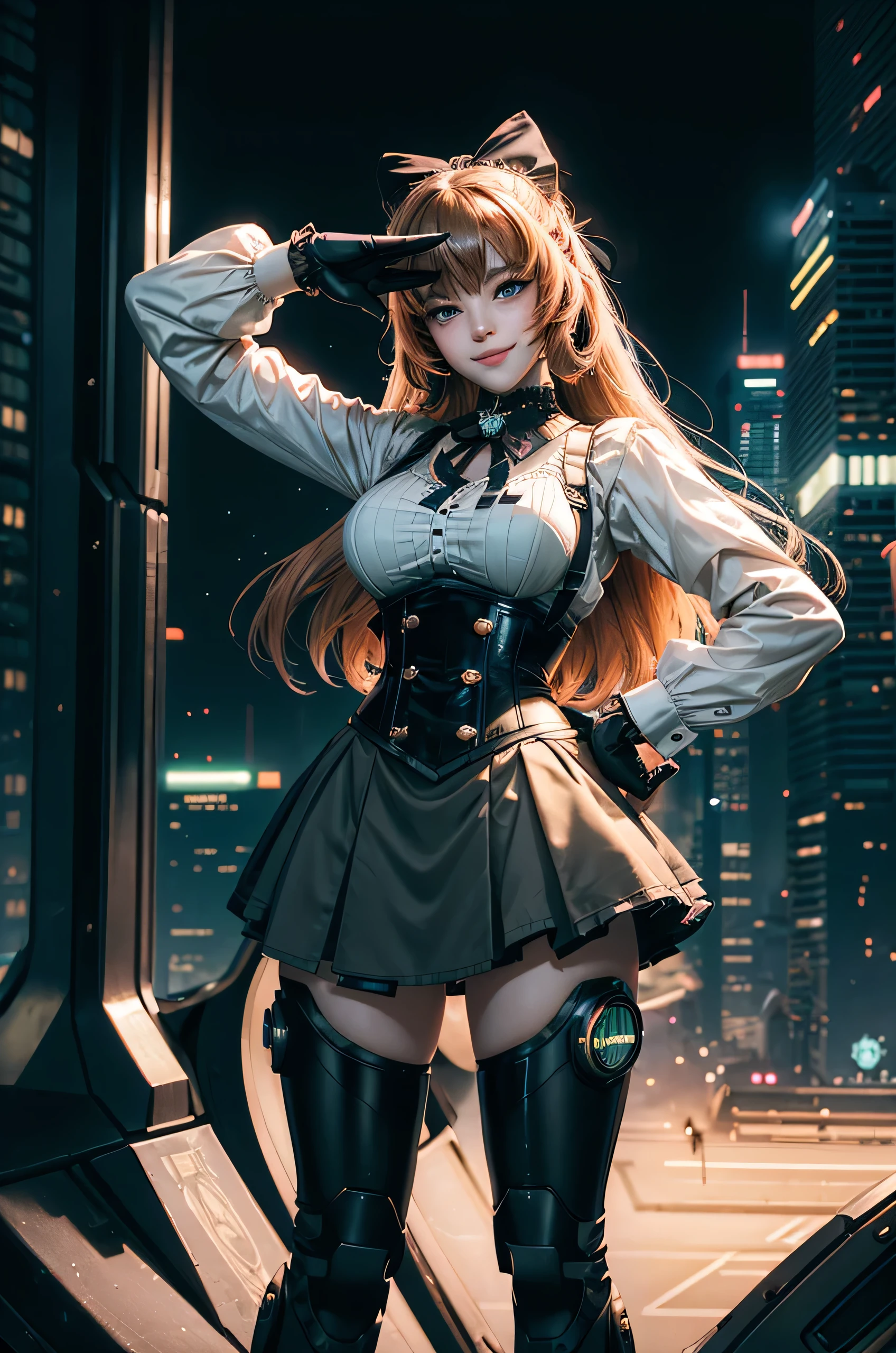 1girl, solo, smile, hand on hip, salute, underbust, Penny Polendina, long hair, neck ribbon, suspender skirt, corset, black bow, white blouse, mechanical legs, neon trim, standing in cyberpunk city, night, stars moon, mega skyscrapers, futuristic floating vehicles, neon signs, crowd wearing cyberpunk fashion