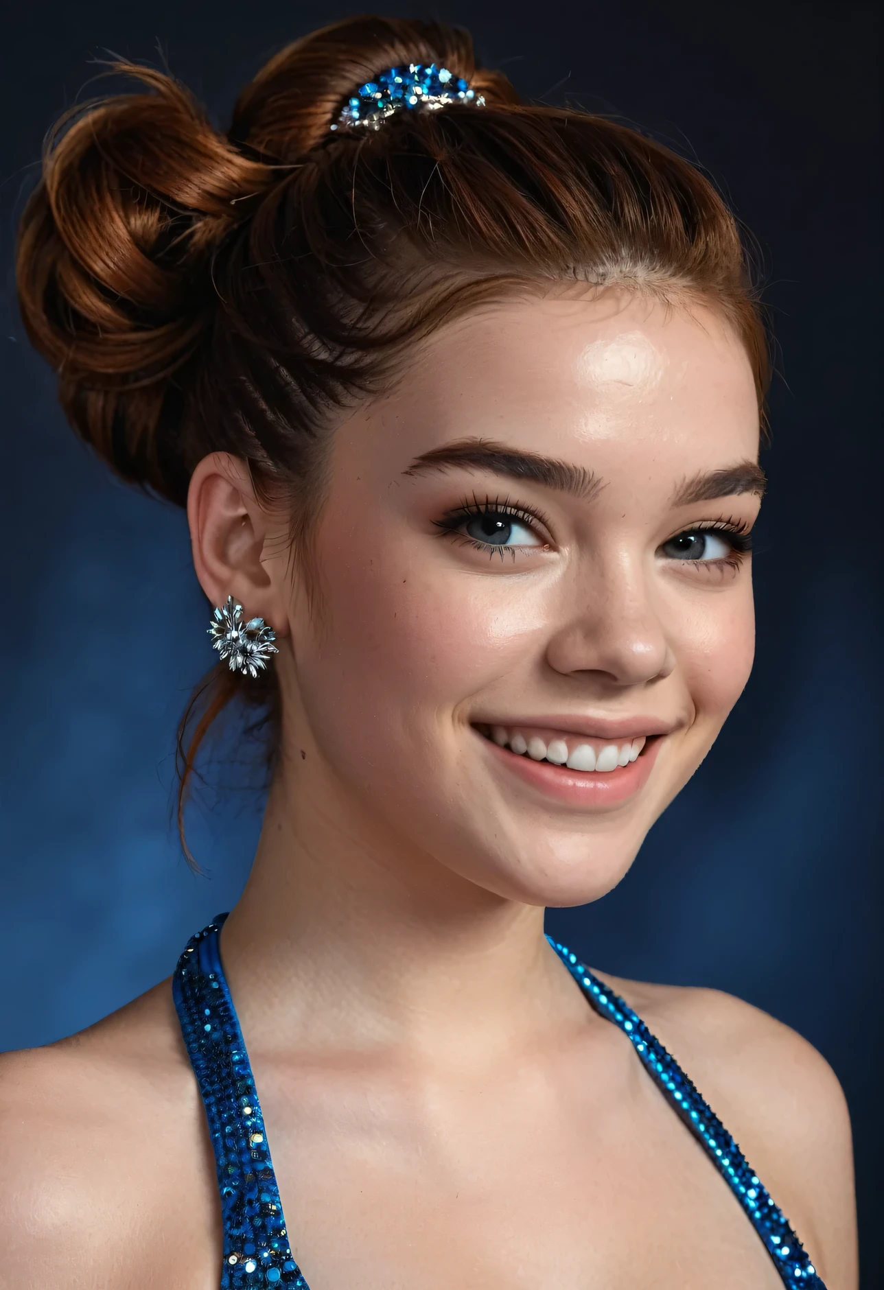 a super realistic image, Hailee Steinfeld 25 year old redhead girl, parts, bikini azul shinesnte, ultra detailed, (dark background), shines, detailed eyes, Nice smile, beautiful full body bun hairstyle