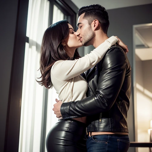 best picture,Most realistic,4K clarity,(Two women) ,hugging, kissing,, sexy,age 30,Long pencil skirt, Leather,Jacket

 