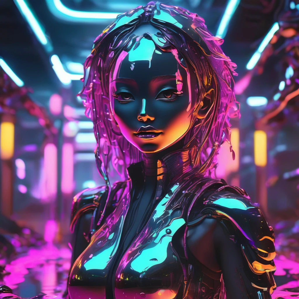 A metal slime that mimics a beautiful human woman.、Liquid Metal MONSTER、Detailed metal face、Beautiful metal eyes、Detailed metal lips、Beautifully detailed metal woman、Liquefied liquid metal face、Melting hair、Gorgeous futuristic dungeon environments、Shining neon lights、Very detailed、8k、Photorealistic、Dramatic lighting、Cinematic composition、Bright colors、Dark and gloomy atmosphere、Techno-Organic、sf、cyber punk