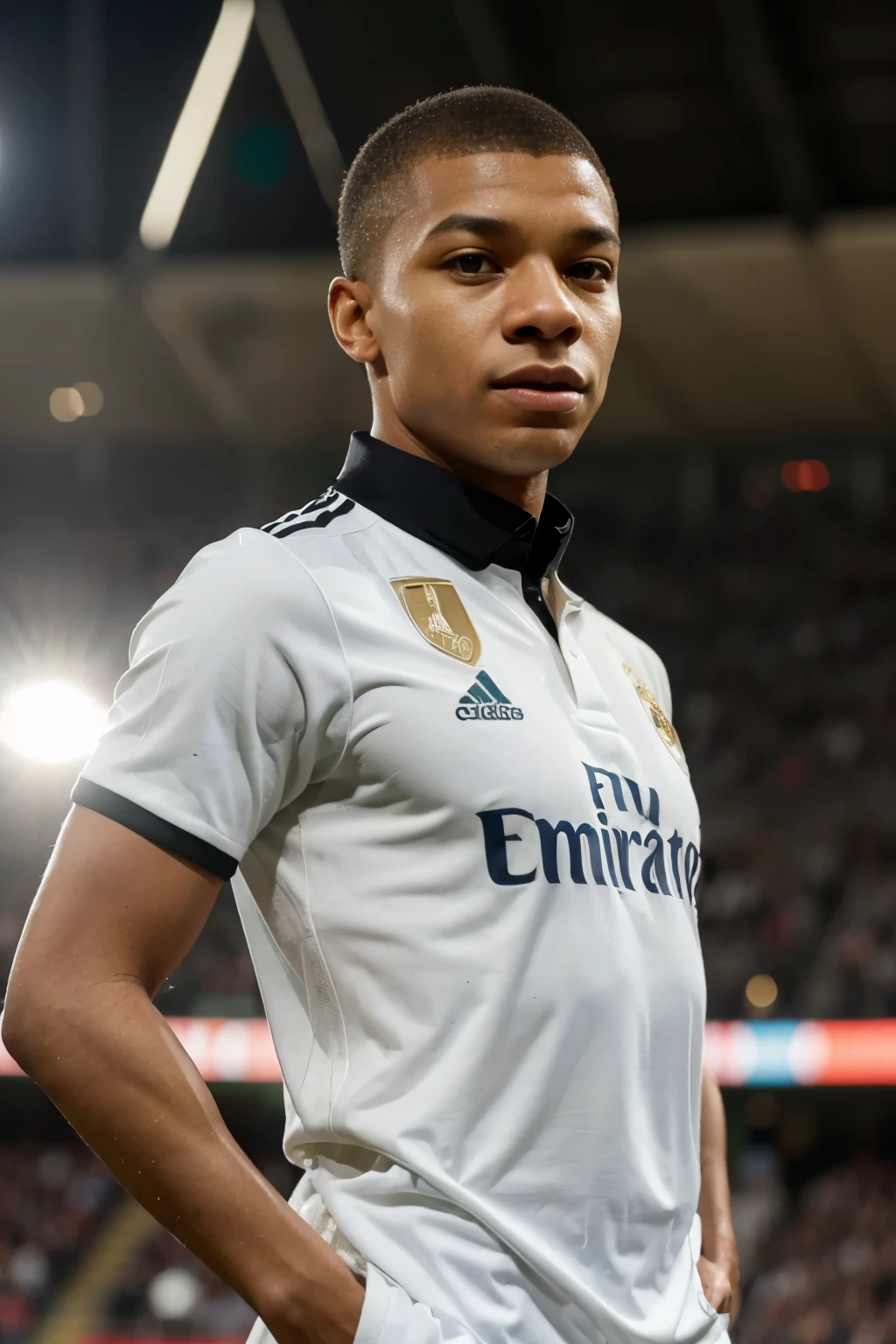 Kylian Mbappe wearing potential 2025/2026 Real Madrid Jersey make it hyper realistic i want to see madrid logo ofcourse and fly emirates black with gold outline and the collar Just black stripes