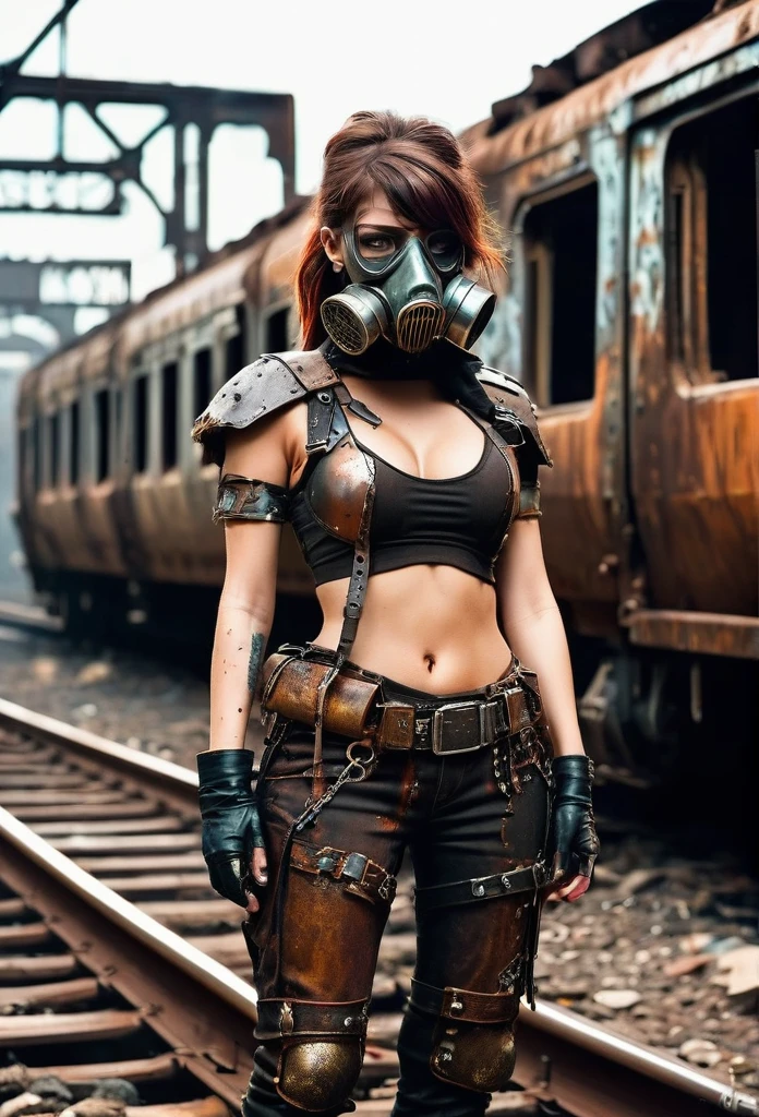 Create a diagonal and faithful image of a sad girl in torn clothes and dirty 18 year old madmax style leaning against the side of a long rusty and dirty subway train with METAL spikes around it, she is wearing an old gas mask, armored train, there are MANY SPOTS AROUND the train bodywork. front with a broken metal grille with several rusty spikes and blood-stained anti-zombie spikes; military style with modifications and protection with metal plates, war tank style, broken and dirty headlights with grilles, the train is passing underground inside an abandoned and dirty station in ruins underneath the center of the american city of ultra futuristic post-apocalyptic manhattan, there is vegetation growing in the corners of the walls in the season, there is debris lying on the train tracks, trem steampunk, dramatic art, dieselpunk art style, apocalyptic road warrior vibe, surreal digital art, mad max inspired, heavy metallic artwork, chrome grille symmetry, arte steampunk digital, It&#39;s not the Mad Max style, metallic art, is not Filip Hodas; artwork style, steampunk digital art, dieselpunk, in a hightech world, photo on the diagonal, high qualiy, 8k, extremely detaild, as realistic as possible, the highest possible quality.