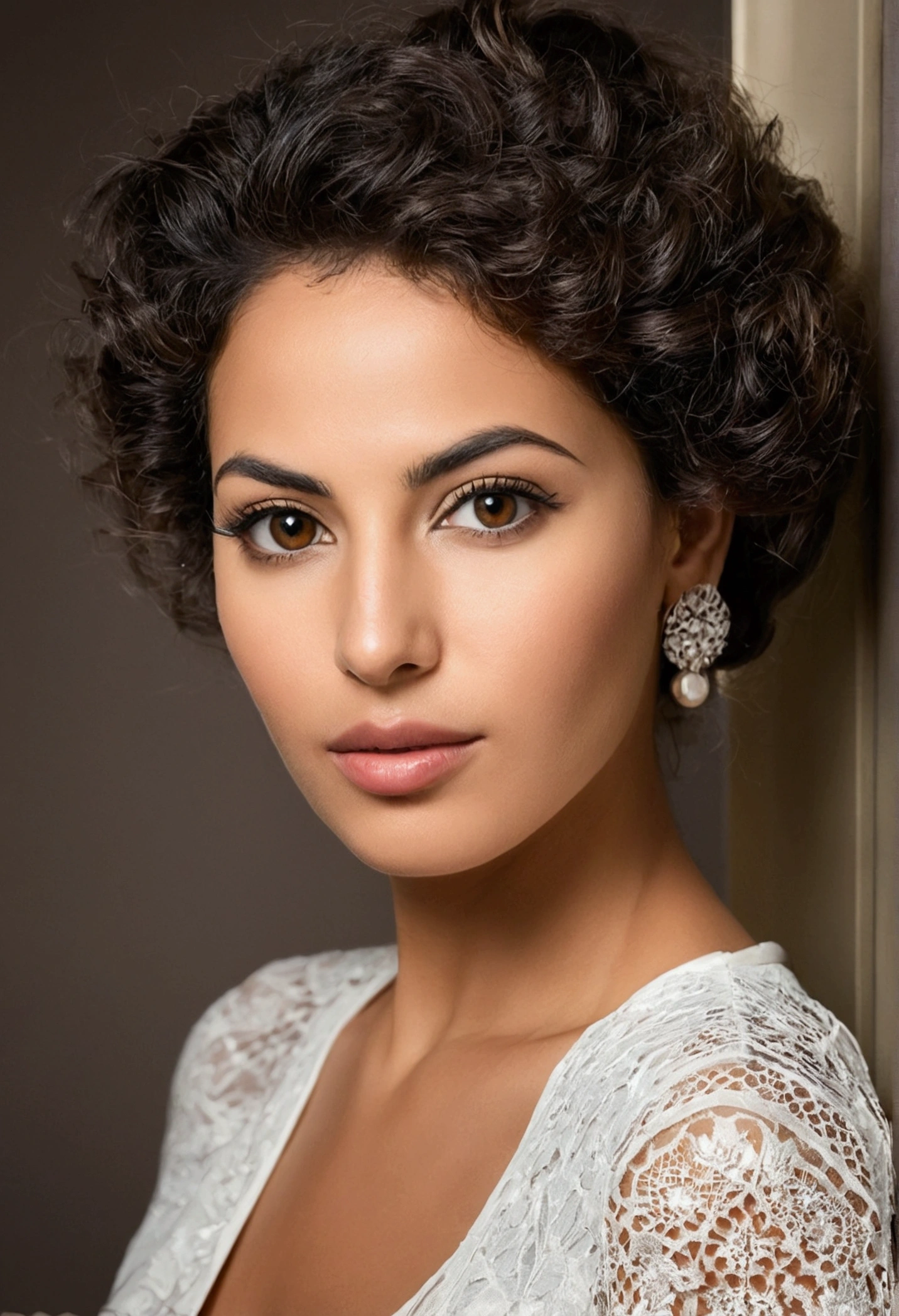 Créer un portrait en haute résolution d'une femme algerienne moderne, avec des traits distinctifs, en gros plan. Elle doit afficher une expression confiante et accueillante et ????.  Le cadre doit être dans une chambre d'hôtel  , reflétant des éléments actuels de la mode et de la technologie, comme un environnement de chaleur moderne ou un espace intérieur éclairé La lumière doit être naturelle et bien équilibrée pour accentuer les détails du visage et des vêtements. Assurez vous que l'image reflète les tendances actuelles et l'actualité du moment."**
