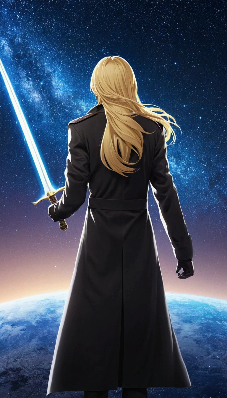 Starry Sky,1people々, Blonde long hair,Long coat,sword,silhouette, Rear View,Space Sky, Anime Style,masterpiece,best quality,ultra detailed,high-resolution,8k portrait,unity 8k wallpaper,extremely detailed CG unity 8k wallpaper