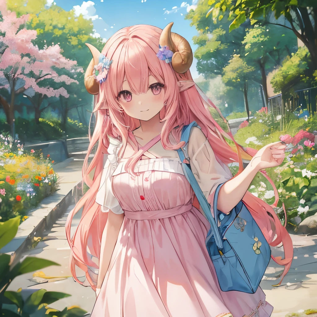 An anime-style illustration of ‘Fua-chan’ in August. Fua-chan has distinctive features: long pink hair styled in soft curls resembling sheep’s horns, and pink eyes. She is depicted enjoying the summer, wearing a light summer dress or casual clothes suitable for hot weather. She might be outside in a park or garden, holding a cold drink or an ice cream cone, with a cheerful and relaxed expression. The background shows a bright, sunny day with clear blue skies, green trees, and vibrant flowers, capturing the warmth and liveliness of August.