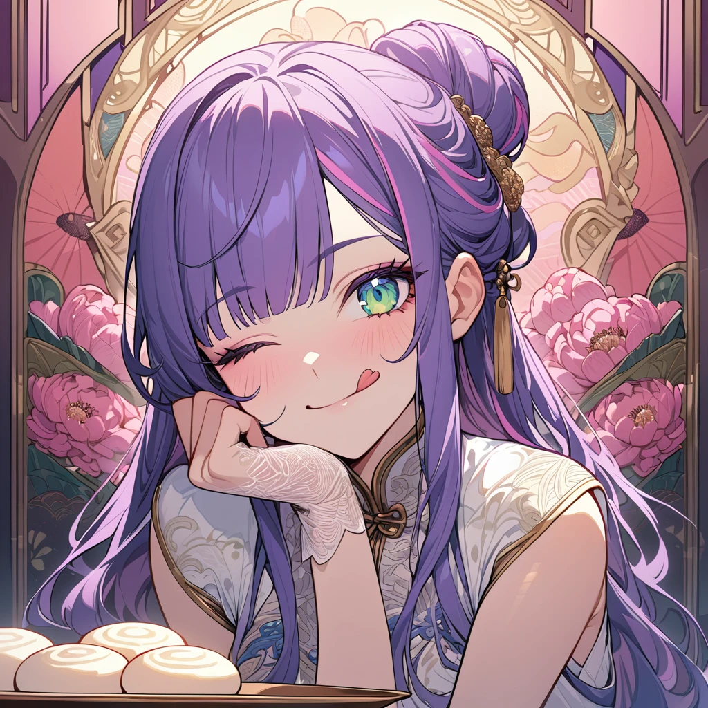 Hiori Light Art, Backlight, chinese style, pink theme, (art nouveau:1.2), (meandros background:1.2), pastel colors, 1girl, solo, portrait, purple hair, streaked hair, hair bun, braided bun, long hair, green eyes, She brought a plate of steamed buns, (long eyelashes:1.2), blunt bangs, blue eyes, long eyelashes, nontraditional chinese clothes, silk dress, white dress, blue embroidery, short sleeves, lace gloves, wrist scrunchie, gold trim, (fine fabric emphasis, embroidery:1.2 ), close-up, (;q:1.1), one eye closed, smug, closed mouth, tongue, hand on own cheek, head_tilt, (fine fabric emphasis, embroidery:1.2), bloom, glowing, perfect lighting, masterpiece, best quality, incredibly absurdres, ultra detailed, reflection, chrysanthemum, poppy, peonies