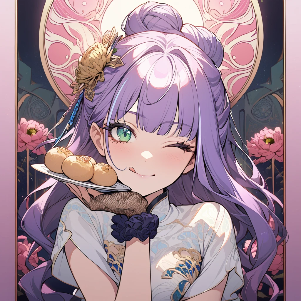 Hiori Light Art, Backlight, chinese style, pink theme, (art nouveau:1.2), (meandros background:1.2), pastel colors, 1girl, solo, portrait, purple hair, streaked hair, hair bun, braided bun, long hair, green eyes, She brought a plate of steamed buns, (long eyelashes:1.2), blunt bangs, blue eyes, long eyelashes, nontraditional chinese clothes, silk dress, white dress, blue embroidery, short sleeves, lace gloves, wrist scrunchie, gold trim, (fine fabric emphasis, embroidery:1.2 ), close-up, (;q:1.1), one eye closed, smug, closed mouth, tongue, hand on own cheek, head_tilt, (fine fabric emphasis, embroidery:1.2), bloom, glowing, perfect lighting, masterpiece, best quality, incredibly absurdres, ultra detailed, reflection, chrysanthemum, poppy, peonies