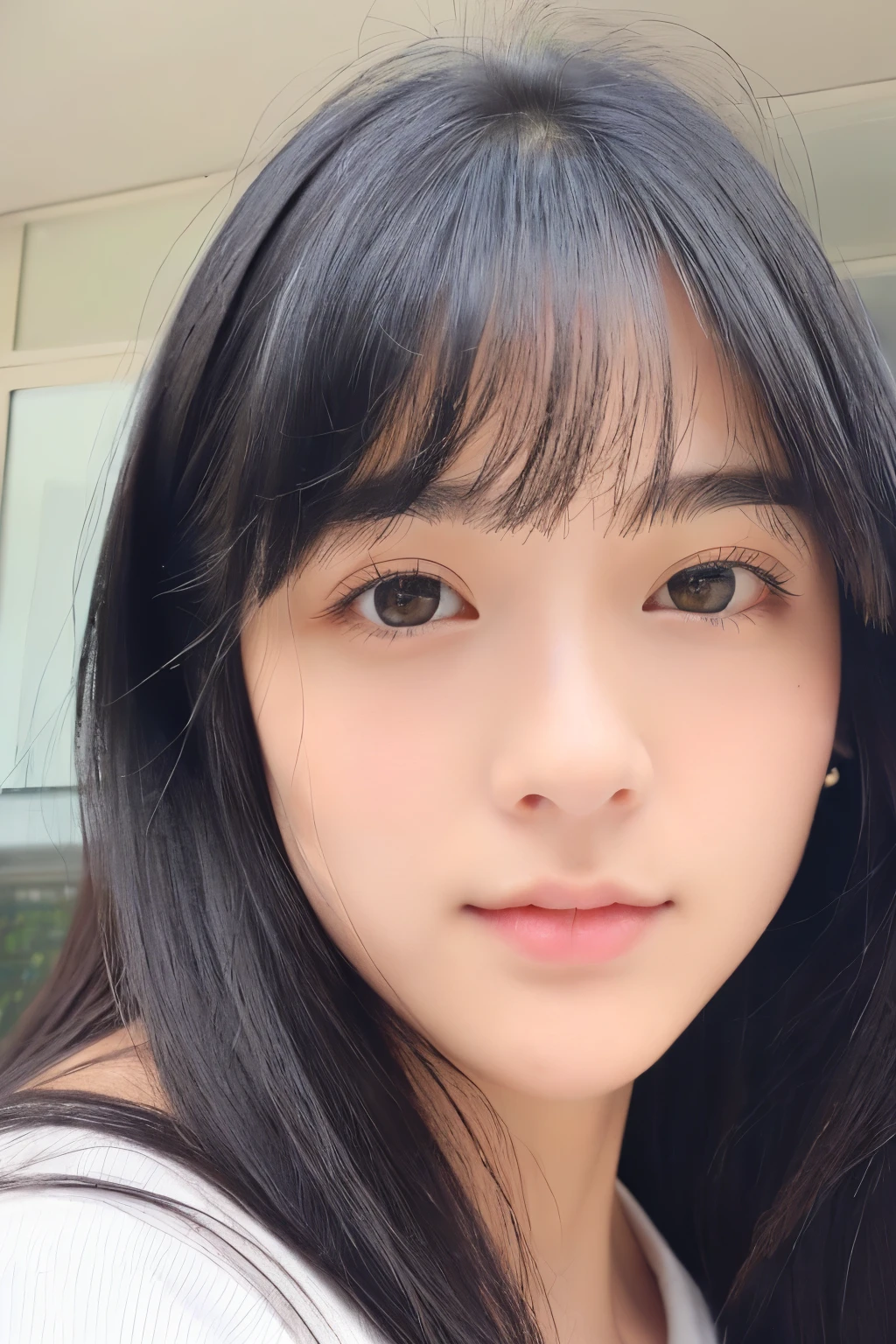 One girl, Black Hair、Diagonal bangs、Rounded outline、Round Nose、Droopy eyes、Dark Eyes、Small lips