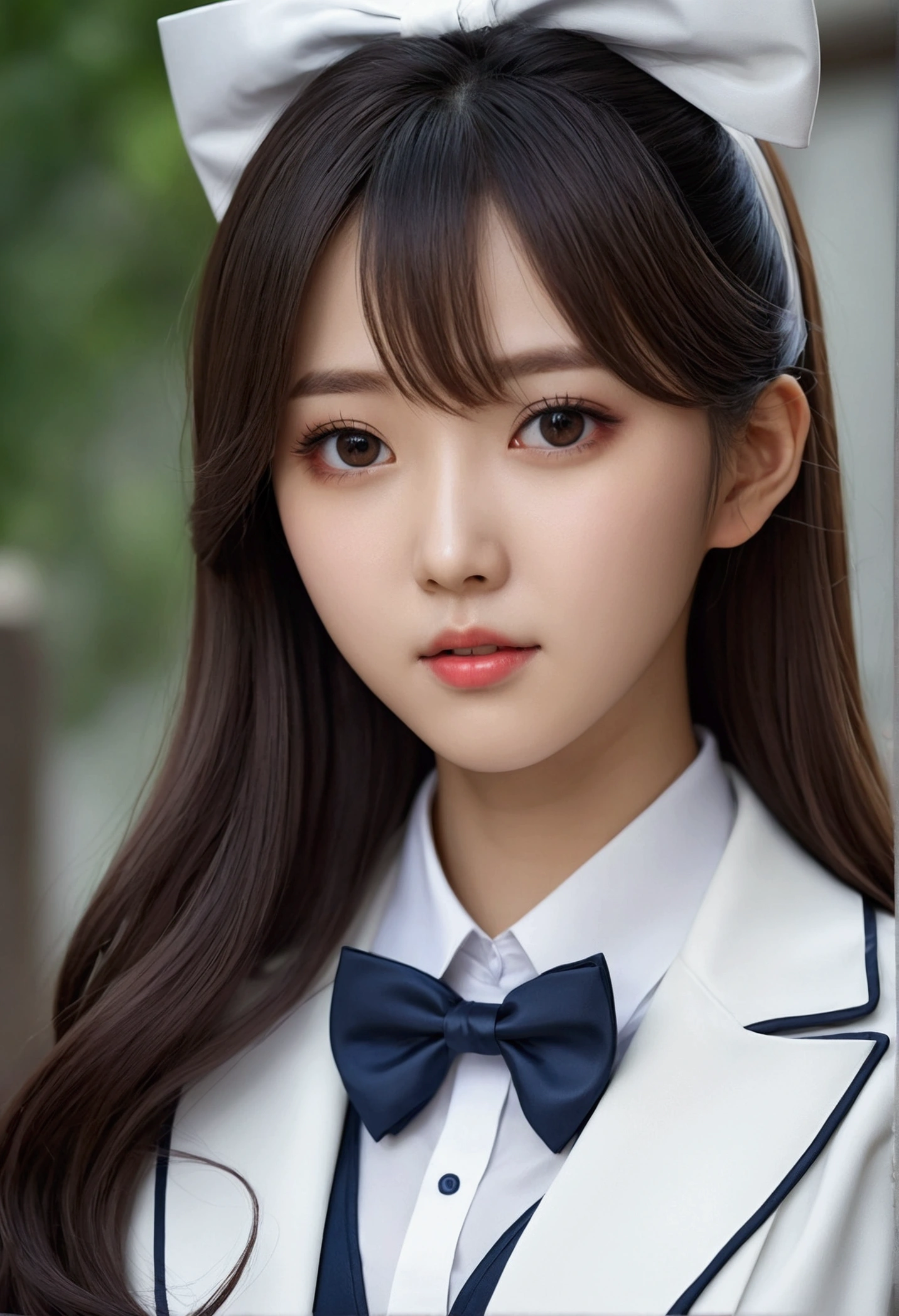 There is a long-haired woman wearing a white jacket and a bow tie, korean girl, realistic young anime girl, Chinese girl, anime girl in real life, anime girl with long hair., white hime cut hairstyle, beautiful natural anime face, 3d realistic anime style., beautiful anime girl, with a cute face - fine, beautiful animated portrait, beautiful south korean woman