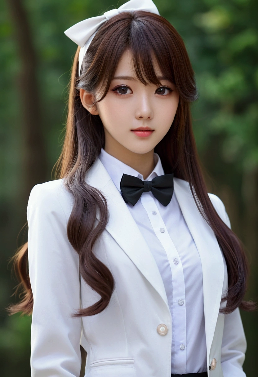 There is a long-haired woman wearing a white jacket and a bow tie, korean girl, realistic young anime girl, Chinese girl, anime girl in real life, anime girl with long hair., white hime cut hairstyle, beautiful natural anime face, 3d realistic anime style., beautiful anime girl, with a cute face - fine, beautiful animated portrait, beautiful south korean woman